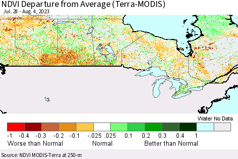 Canada NDVI Departure from Average (Terra-MODIS) Thematic Map For 7/28/2023 - 8/4/2023