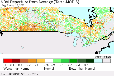 Canada NDVI Departure from Average (Terra-MODIS) Thematic Map For 8/5/2023 - 8/12/2023