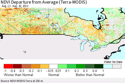 Canada NDVI Departure from Average (Terra-MODIS) Thematic Map For 8/13/2023 - 8/20/2023