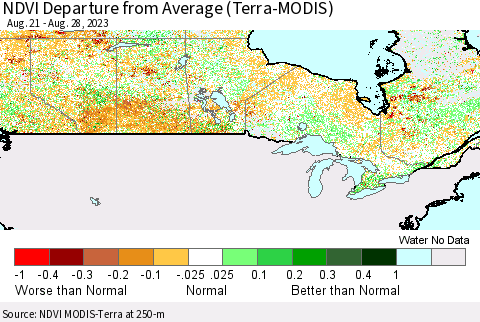 Canada NDVI Departure from Average (Terra-MODIS) Thematic Map For 8/21/2023 - 8/28/2023
