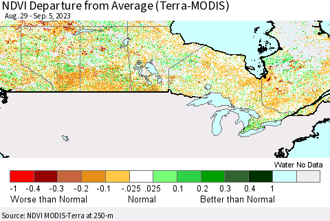 Canada NDVI Departure from Average (Terra-MODIS) Thematic Map For 8/29/2023 - 9/5/2023