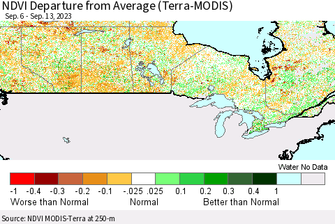 Canada NDVI Departure from Average (Terra-MODIS) Thematic Map For 9/6/2023 - 9/13/2023