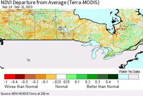 Canada NDVI Departure from Average (Terra-MODIS) Thematic Map For 9/14/2023 - 9/21/2023