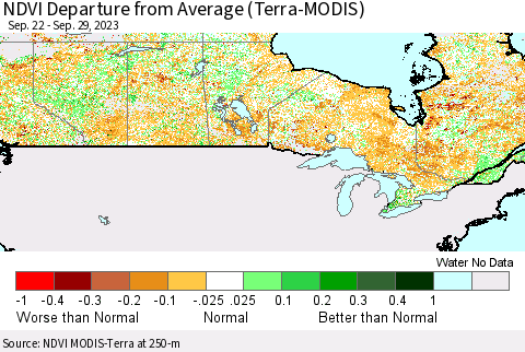 Canada NDVI Departure from Average (Terra-MODIS) Thematic Map For 9/22/2023 - 9/29/2023
