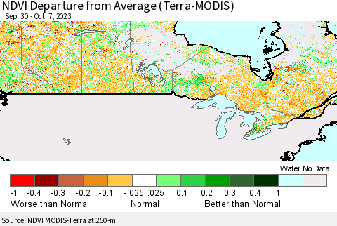 Canada NDVI Departure from Average (Terra-MODIS) Thematic Map For 9/30/2023 - 10/7/2023