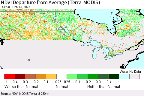 Canada NDVI Departure from Average (Terra-MODIS) Thematic Map For 10/8/2023 - 10/15/2023