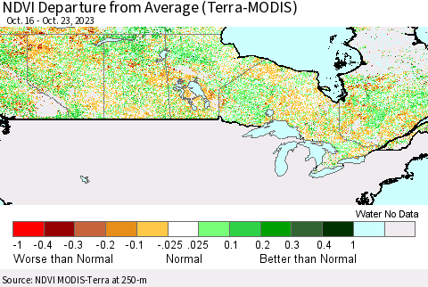 Canada NDVI Departure from Average (Terra-MODIS) Thematic Map For 10/16/2023 - 10/23/2023