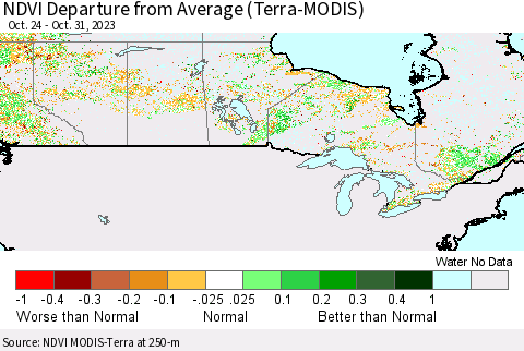 Canada NDVI Departure from Average (Terra-MODIS) Thematic Map For 10/24/2023 - 10/31/2023