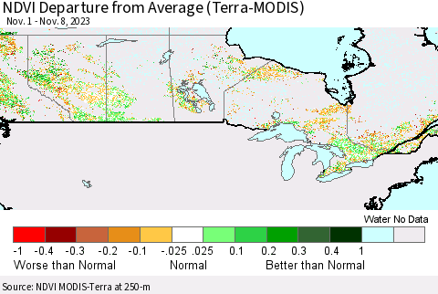 Canada NDVI Departure from Average (Terra-MODIS) Thematic Map For 11/1/2023 - 11/8/2023