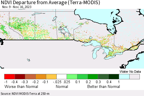 Canada NDVI Departure from Average (Terra-MODIS) Thematic Map For 11/9/2023 - 11/16/2023