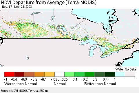 Canada NDVI Departure from Average (Terra-MODIS) Thematic Map For 11/17/2023 - 11/24/2023