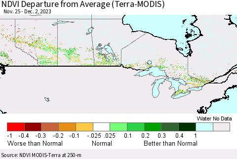 Canada NDVI Departure from Average (Terra-MODIS) Thematic Map For 11/25/2023 - 12/2/2023