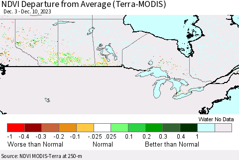 Canada NDVI Departure from Average (Terra-MODIS) Thematic Map For 12/3/2023 - 12/10/2023
