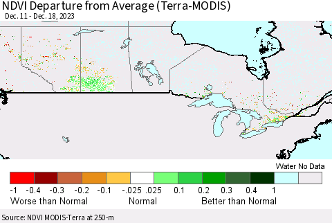 Canada NDVI Departure from Average (Terra-MODIS) Thematic Map For 12/11/2023 - 12/18/2023