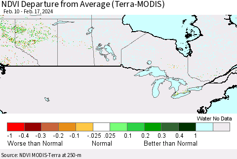 Canada NDVI Departure from Average (Terra-MODIS) Thematic Map For 2/10/2024 - 2/17/2024