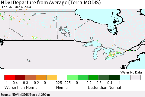 Canada NDVI Departure from Average (Terra-MODIS) Thematic Map For 2/26/2024 - 3/4/2024