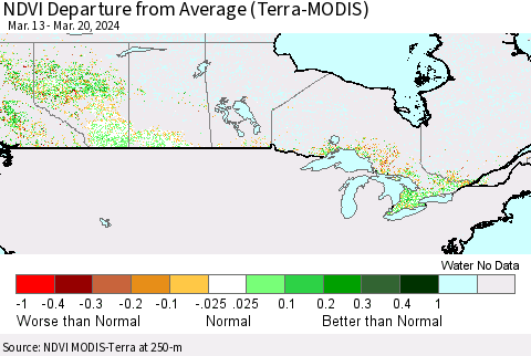 Canada NDVI Departure from Average (Terra-MODIS) Thematic Map For 3/13/2024 - 3/20/2024