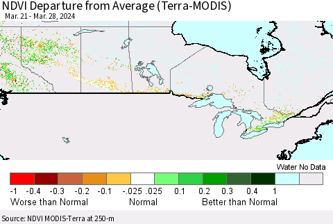Canada NDVI Departure from Average (Terra-MODIS) Thematic Map For 3/21/2024 - 3/28/2024