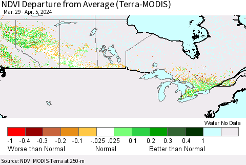 Canada NDVI Departure from Average (Terra-MODIS) Thematic Map For 3/29/2024 - 4/5/2024