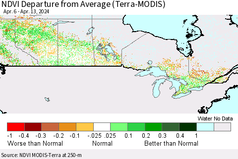 Canada NDVI Departure from Average (Terra-MODIS) Thematic Map For 4/6/2024 - 4/13/2024