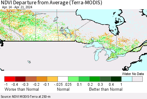 Canada NDVI Departure from Average (Terra-MODIS) Thematic Map For 4/14/2024 - 4/21/2024