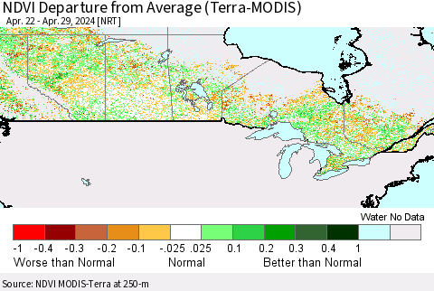 Canada NDVI Departure from Average (Terra-MODIS) Thematic Map For 4/22/2024 - 4/29/2024