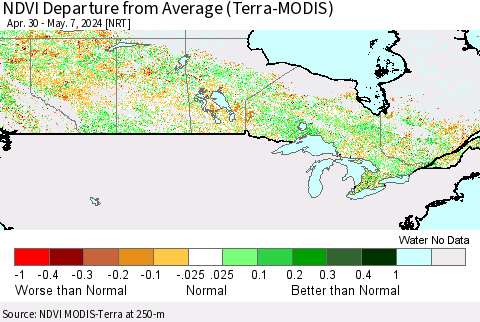 Canada NDVI Departure from Average (Terra-MODIS) Thematic Map For 4/30/2024 - 5/7/2024
