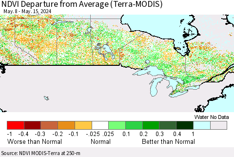 Canada NDVI Departure from Average (Terra-MODIS) Thematic Map For 5/8/2024 - 5/15/2024