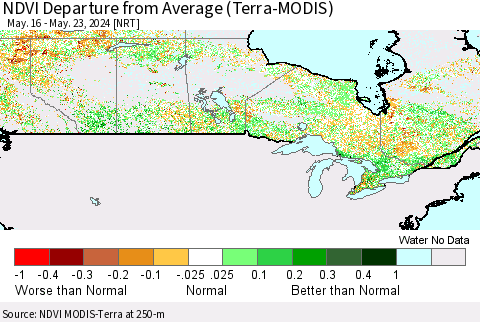 Canada NDVI Departure from Average (Terra-MODIS) Thematic Map For 5/16/2024 - 5/23/2024