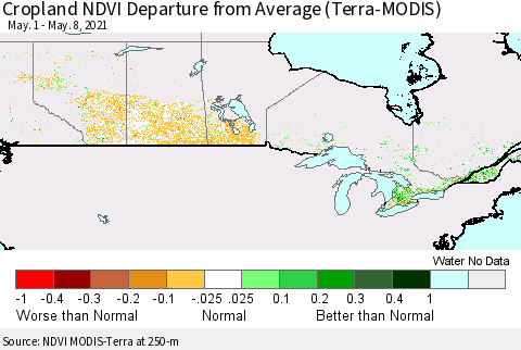Canada Cropland NDVI Departure from Average (Terra-MODIS) Thematic Map For 5/1/2021 - 5/8/2021