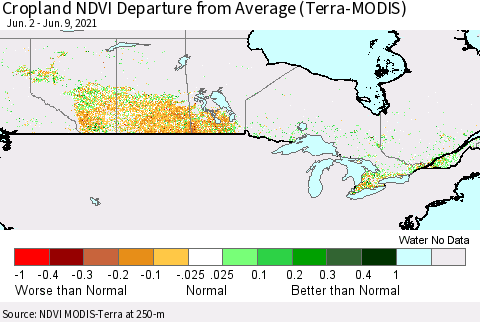 Canada Cropland NDVI Departure from Average (Terra-MODIS) Thematic Map For 6/2/2021 - 6/9/2021