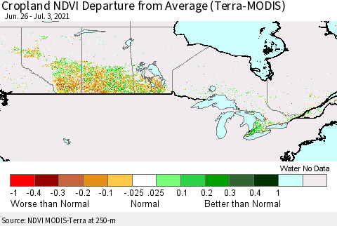 Canada Cropland NDVI Departure from Average (Terra-MODIS) Thematic Map For 6/26/2021 - 7/3/2021