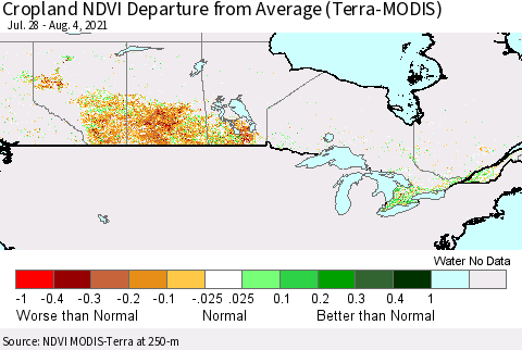 Canada Cropland NDVI Departure from Average (Terra-MODIS) Thematic Map For 7/28/2021 - 8/4/2021