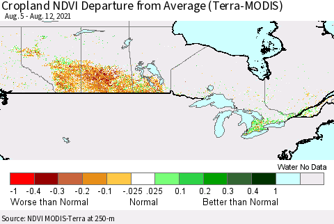 Canada Cropland NDVI Departure from Average (Terra-MODIS) Thematic Map For 8/5/2021 - 8/12/2021
