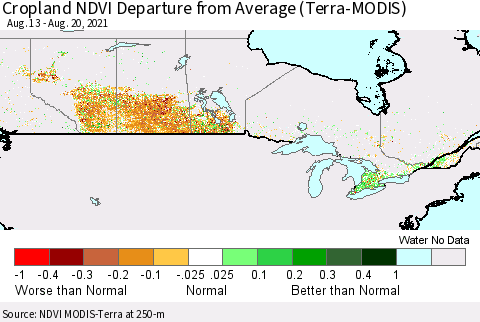 Canada Cropland NDVI Departure from Average (Terra-MODIS) Thematic Map For 8/13/2021 - 8/20/2021