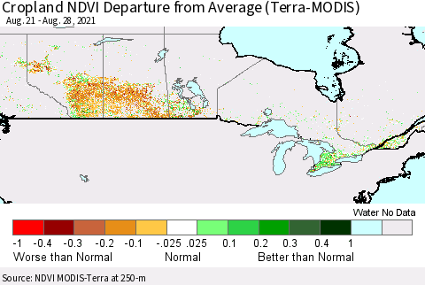 Canada Cropland NDVI Departure from Average (Terra-MODIS) Thematic Map For 8/21/2021 - 8/28/2021