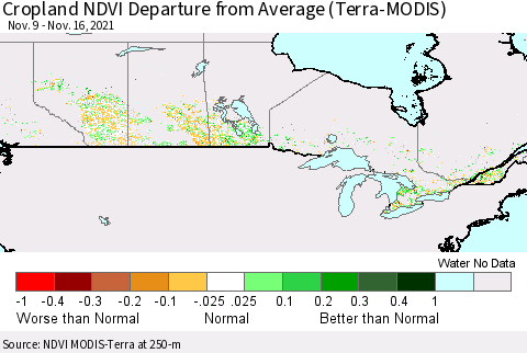 Canada Cropland NDVI Departure from Average (Terra-MODIS) Thematic Map For 11/9/2021 - 11/16/2021