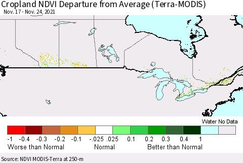 Canada Cropland NDVI Departure from Average (Terra-MODIS) Thematic Map For 11/17/2021 - 11/24/2021