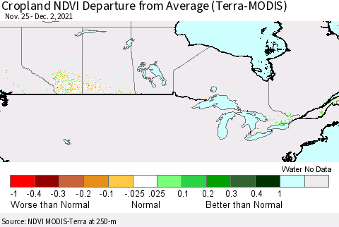 Canada Cropland NDVI Departure from Average (Terra-MODIS) Thematic Map For 11/25/2021 - 12/2/2021