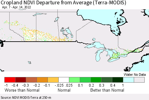 Canada Cropland NDVI Departure from Average (Terra-MODIS) Thematic Map For 4/7/2022 - 4/14/2022