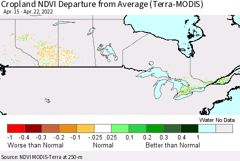 Canada Cropland NDVI Departure from Average (Terra-MODIS) Thematic Map For 4/15/2022 - 4/22/2022