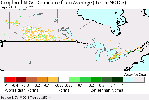 Canada Cropland NDVI Departure from Average (Terra-MODIS) Thematic Map For 4/23/2022 - 4/30/2022