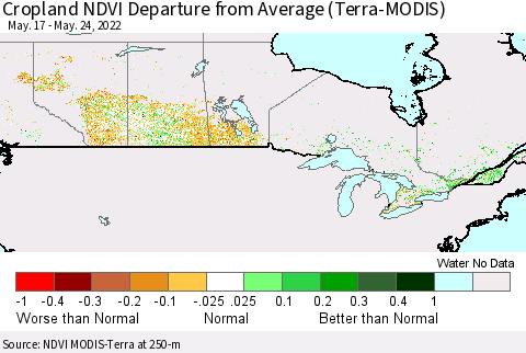 Canada Cropland NDVI Departure from Average (Terra-MODIS) Thematic Map For 5/17/2022 - 5/24/2022