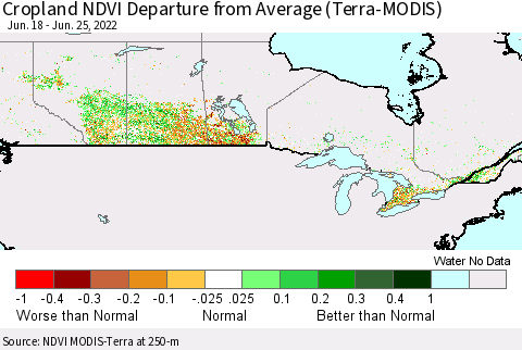 Canada Cropland NDVI Departure from Average (Terra-MODIS) Thematic Map For 6/18/2022 - 6/25/2022