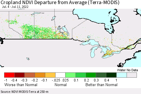 Canada Cropland NDVI Departure from Average (Terra-MODIS) Thematic Map For 7/4/2022 - 7/11/2022