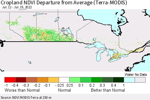 Canada Cropland NDVI Departure from Average (Terra-MODIS) Thematic Map For 7/12/2022 - 7/19/2022