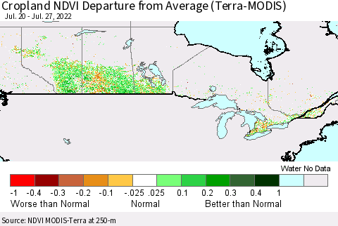 Canada Cropland NDVI Departure from Average (Terra-MODIS) Thematic Map For 7/20/2022 - 7/27/2022