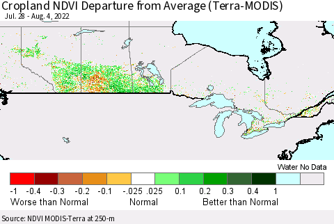 Canada Cropland NDVI Departure from Average (Terra-MODIS) Thematic Map For 7/28/2022 - 8/4/2022