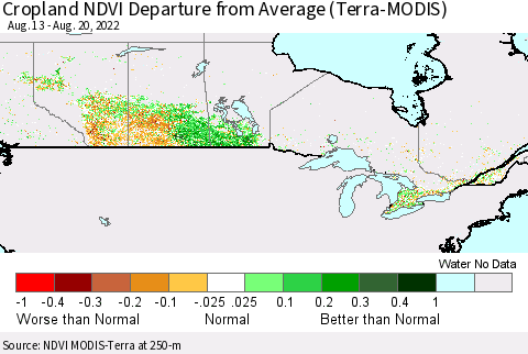 Canada Cropland NDVI Departure from Average (Terra-MODIS) Thematic Map For 8/13/2022 - 8/20/2022
