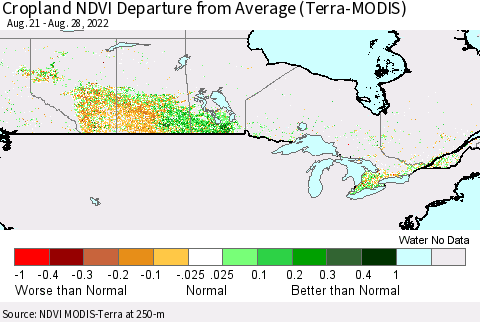 Canada Cropland NDVI Departure from Average (Terra-MODIS) Thematic Map For 8/21/2022 - 8/28/2022